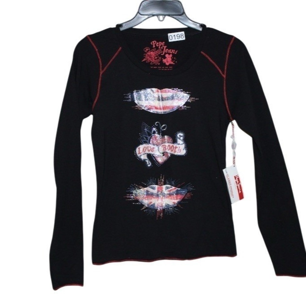 Pepe Jeans Kiss & Tell Womens Long Sleeve Graphic Top Black‎ Size L Y2K